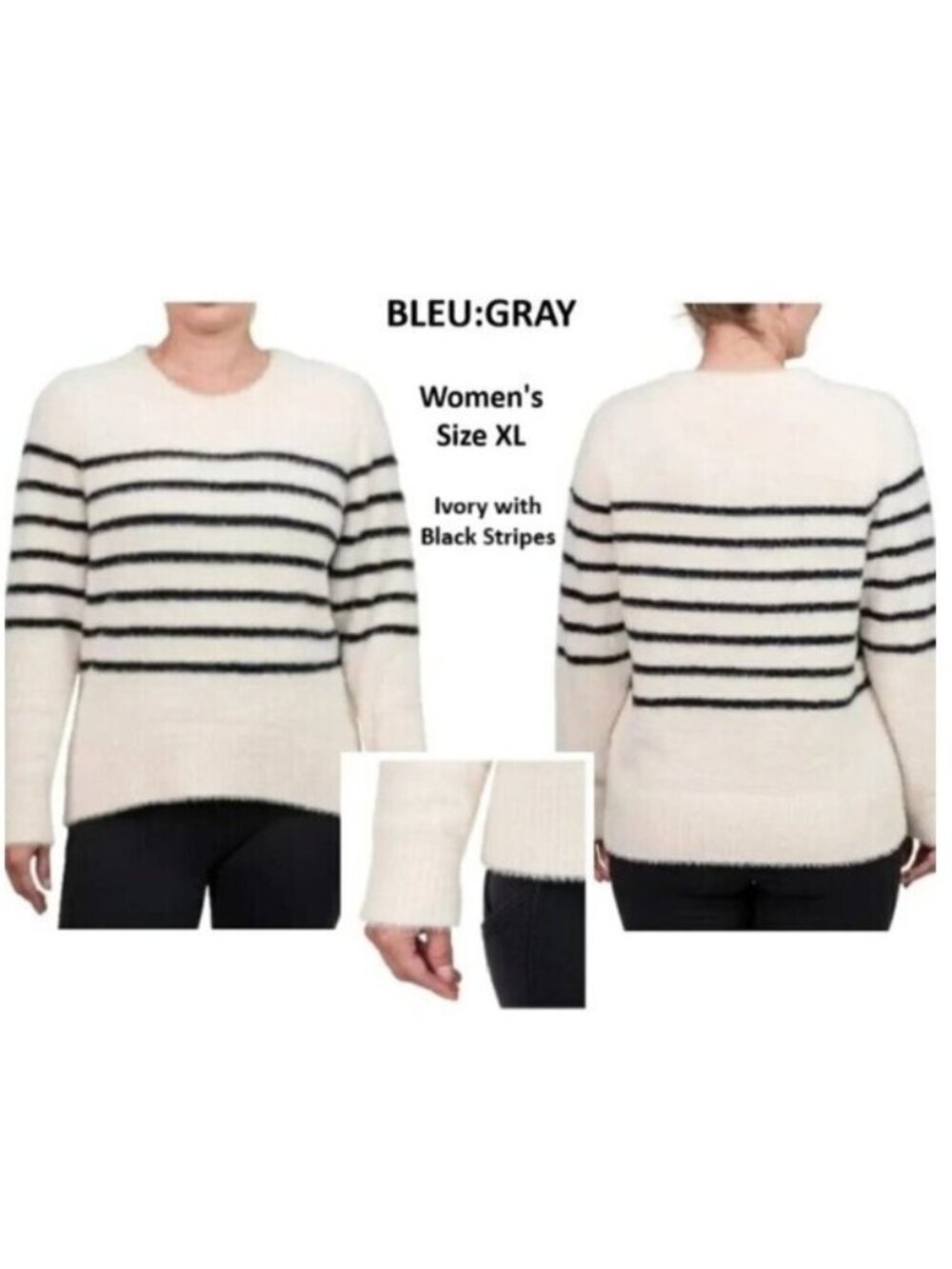BLEU:GRAY Sweater Ivory & Black Women's Long Sleeve Eyelash Knit Crewneck Sz XL